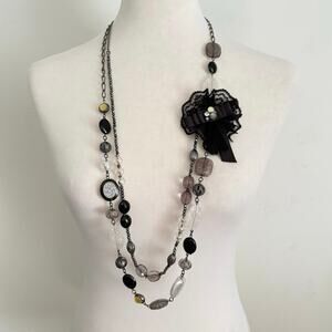 Vintage New York & Co Boho Statement Necklace Multi Strand Lace Bow Long 18”